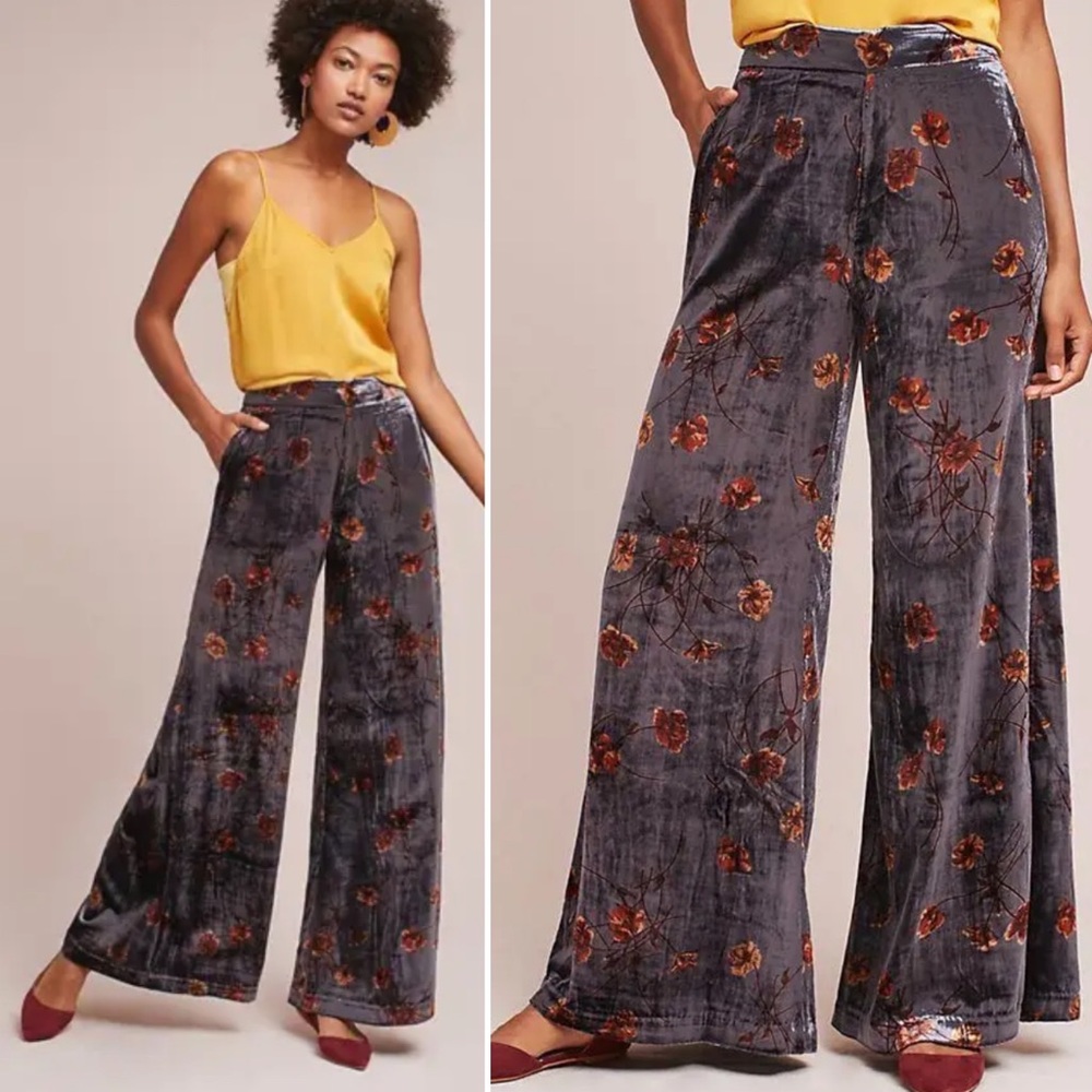 Anthropologie ett:twa Jessie Velvet Floral Wide Leg Pants Gray Sz Large Boho - Picture 2 of 13
